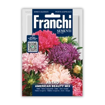 Astre – Ameriški pisani cvetovi za šopke in vrtove Sprednja stran embalaže semen Astre -  Ameriški pisani cvetovi