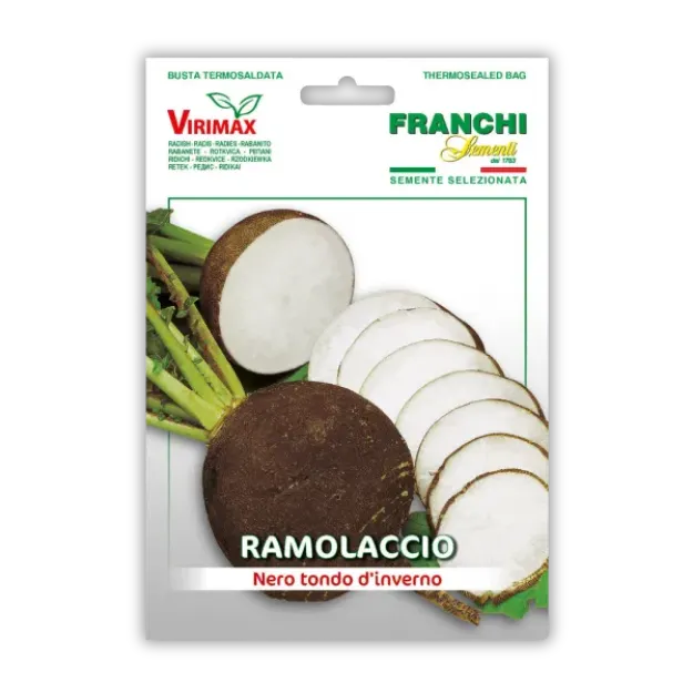 Semena črne zimske redkve Franchi Sementi za vzgojo tradicionalne sorte z velikimi temnimi gomolji primernimi za zimsko shranjevanje