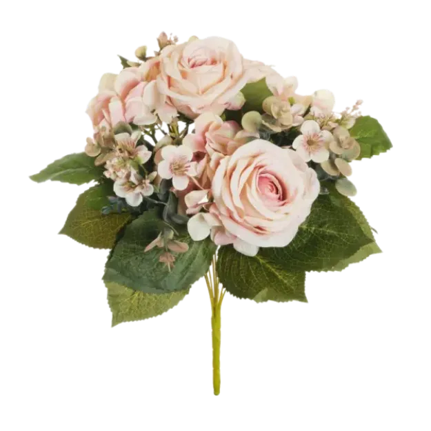 Umetni šopek z vrtnicami, hortenzijami in evkaliptusom v svetlo roza barvi