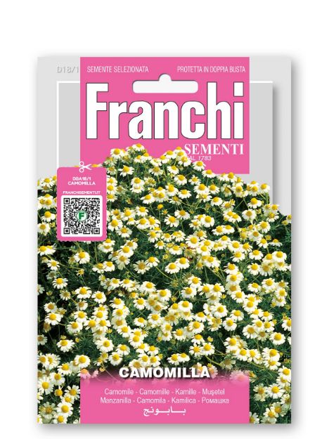 Sprednja stran embalaže semen kamilice (MATRICARIA CHAMOMILLA) za domačo vzgojo zeliščnega čaja.