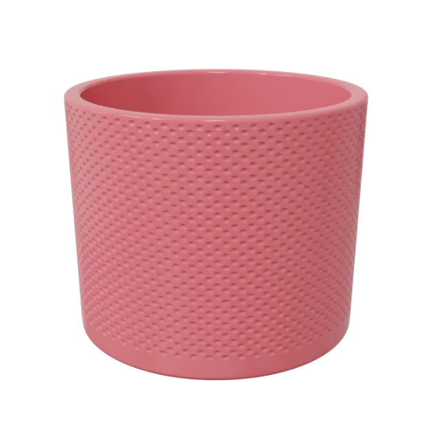 Keramičen lonec z glazuri v alt roza barvi in pikastimi vdolbinami