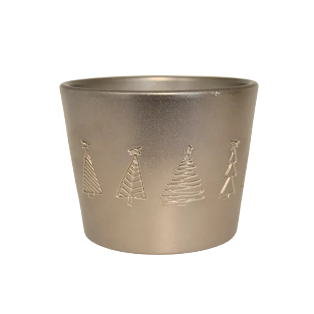 Okrasen keramičen lonec Lina v zlati barvi in z motivom smrečk