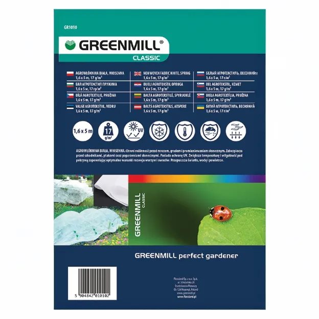 Bela vrtna koprena Greenmill GR1010, etiketa črtna koda opis artikla in navdodila