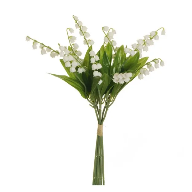 Umetno cvetje šmarnica v obliki belega šopka s šestimi vejicami, tekstilnimi listi in dolžino 36 cm za elegantno pomladno dekoracijo doma ali poslovnega prostora.