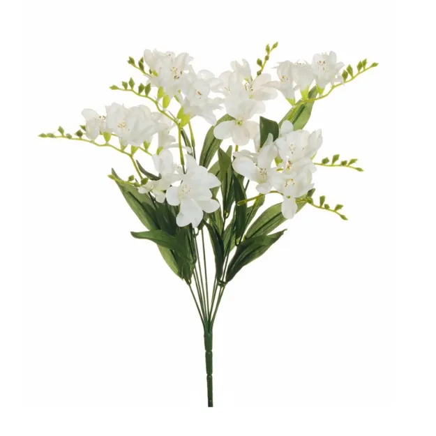 Umetno cvetje frezija v beli barvi z devetimi vejicami, realistično oblikovanimi cvetovi in popki ter dolžino 50 cm za elegantno dekoracijo doma ali poslovnega prostora.