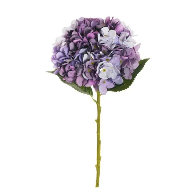 Umetna hortenzija Juliet v temno vijolični barvi z velikim bogatim cvetom, realistično oblikovanimi listi in dolžino 50 cm za elegantno dekoracijo doma ali poslovnega prostora.