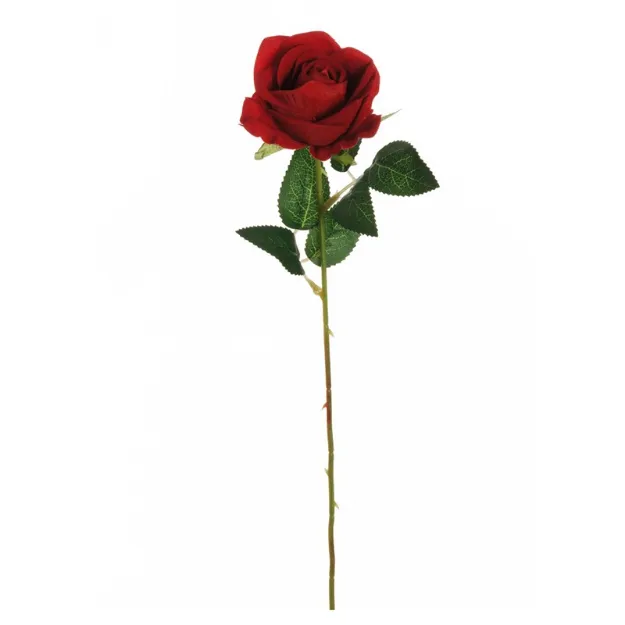 Umetno cvetje mini vrtnica v rdeči barvi z žametnim realistično oblikovanim cvetom premera 7 cm in dolžino 50 cm za elegantno dekoracijo doma ali poslovnega prostora.