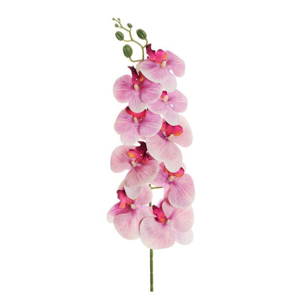 Umetno cvetje orhideja Phalaenopsis v lila barvi z devetimi realistično oblikovanimi cvetovi in dolžino 97 cm za elegantno dekoracijo doma ali poslovnega prostora.