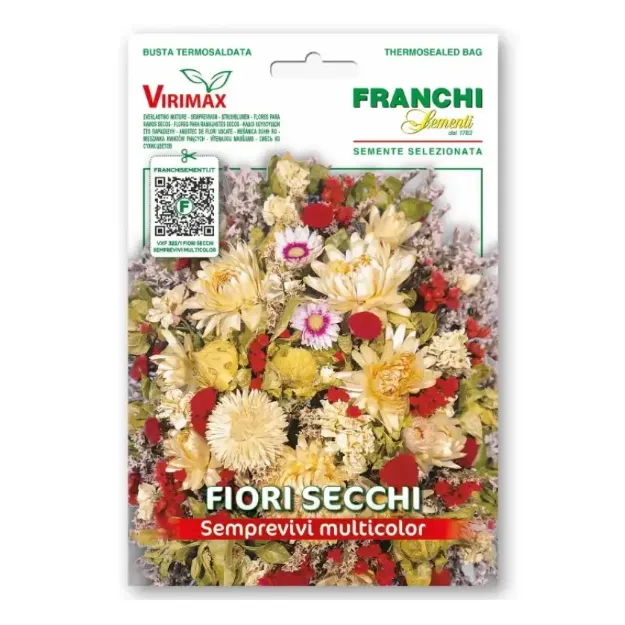 Semena mešanice enoletnih cvetlic za sušenje Fiori Secchi Multicolor Franchi Sementi, višina rastlin 60–70 cm, primerne za sončno lego in suhe šopke.