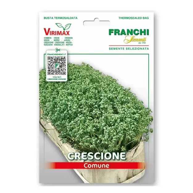 Semena navadne vrtne kreše Crescione Comune Francese Franchi Sementi, hitro rastoče enoletne aromatične rastline za sveže solate in vzgojo na vrtu ali okenski polici.